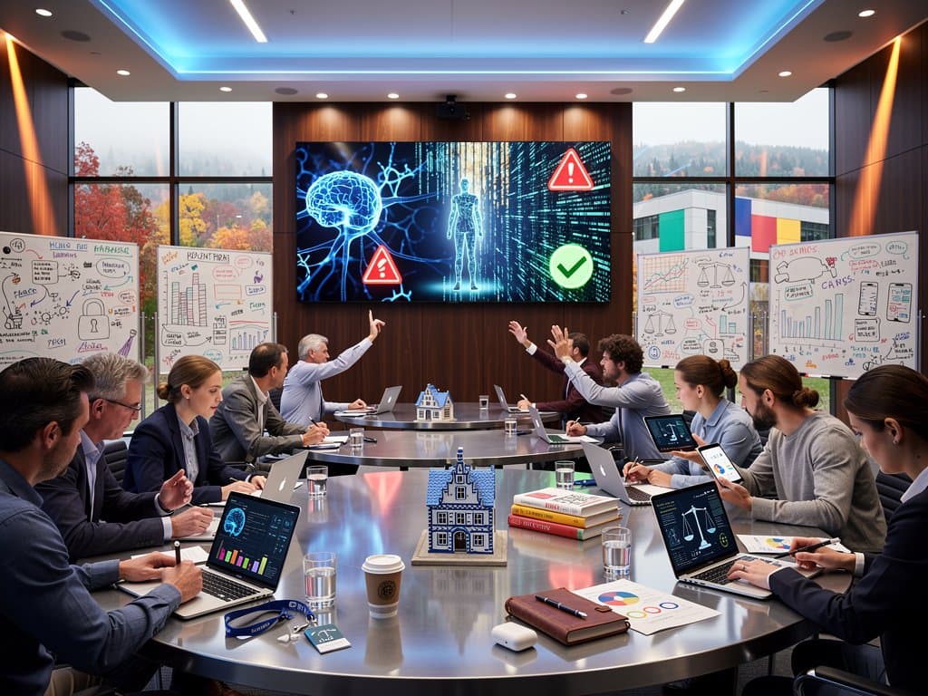 Experten und Studenten debattieren KI und menschliche Werte in modernem Auditorium mit Projektionen