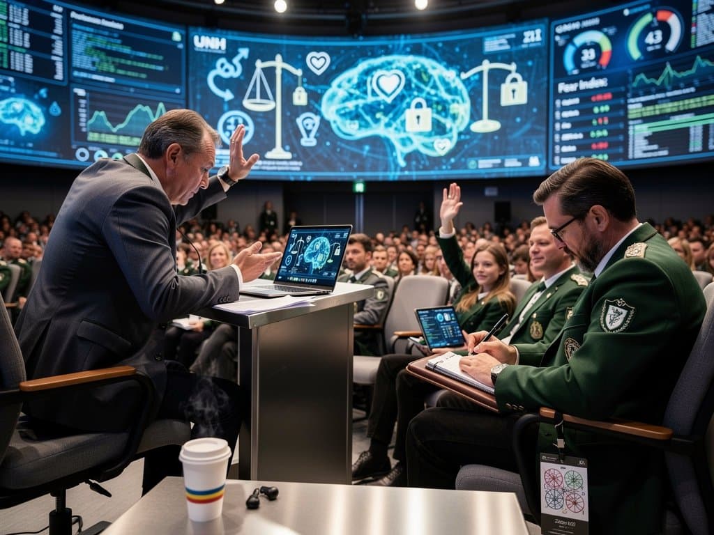 Diskussion zu KI und menschlichen Werten im UNH-Auditorium mit Podium, Sprechern und Zuhörern