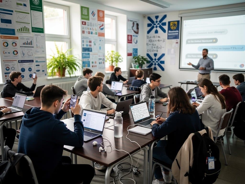 Lehrer und Schüler debattieren KI in bayerischem Klassenzimmer mit ChatGPT-Symbolen