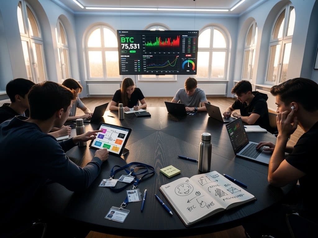 Studentengruppe debattiert KI-Ethik und Crypto-Charts in Weilerschule-Aula mit Fear Index.