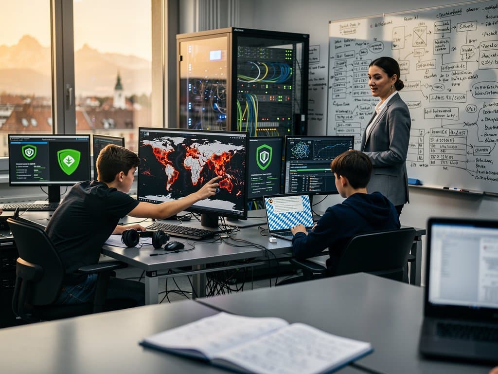 Cybersecurity-Labor in Münchner Schule mit AI-Threat-Maps, Servern und Alpenblick