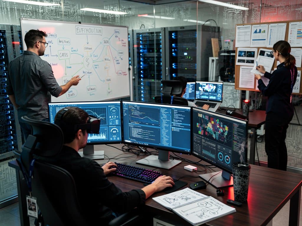 Cybersicherheits-Labor der TU München mit Monitoren, Servern und Blockchain-Daten